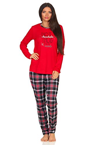 NORMANN-Wäschefabrik Damen Pyjama lang mit Karohose und Frontprint - auch in Übergrössen bis Gr. 60/62, Farbe:rot, Größe2:60/62 von NORMANN-Wäschefabrik