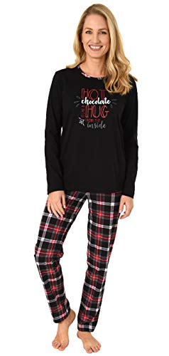 NORMANN-Wäschefabrik Damen Pyjama lang mit Karohose und Frontprint - auch in Übergrössen bis Gr. 60/62, Farbe:schwarz, Größe2:40/42 von NORMANN-Wäschefabrik