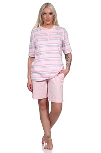 NORMANN-Wäschefabrik Damen Schlafanzug Kurzarm Pyjama Shorty in pastellfarbenen Streifen - 122 205 863, Farbe:rosa, Größe:40-42 von NORMANN-Wäschefabrik