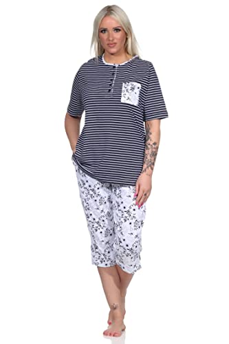 NORMANN-Wäschefabrik Damen Schlafanzug Pyjama Kurzarm, Oberteil gestreift, Capri Hose mit Blümchenmuster, Farbe:Marine, Größe:40-42 von NORMANN-Wäschefabrik