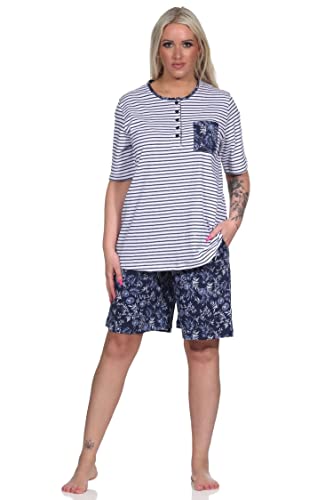 NORMANN-Wäschefabrik Damen Schlafanzug Shorty Pyjama Kurzarm, Oberteil gestreift, Hose mit Blümchenmuster, Farbe:Weiss, Größe:40-42 von NORMANN-Wäschefabrik