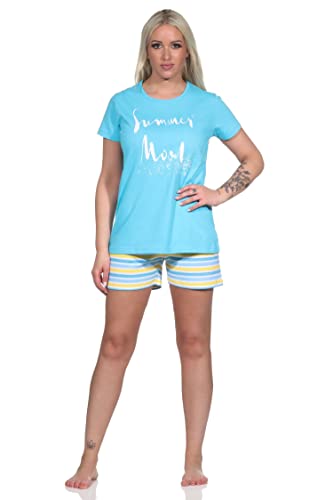 NORMANN-Wäschefabrik Damen Shorty Kurzarm Pyjama mit Front-Print und Ringel-Optik - 122 205 10 752, Farbe:hellblau, Größe:48-50 von NORMANN-Wäschefabrik