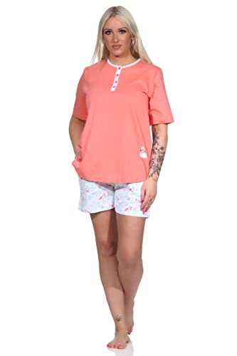 NORMANN-Wäschefabrik Edler Damen Shorty Kurzarm Schlafanzug Pyjama mit Flamingo Motiv und Knopfleiste am Hals, Farbe:apricot, Größe:44-46 von NORMANN-Wäschefabrik