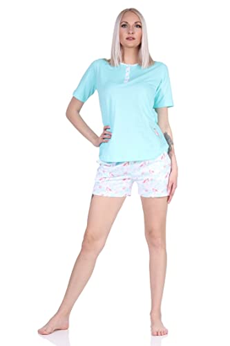 NORMANN-Wäschefabrik Edler Damen Shorty Kurzarm Schlafanzug Pyjama mit Flamingo Motiv und Knopfleiste am Hals, Farbe:helltürkis, Größe:48-50 von NORMANN-Wäschefabrik