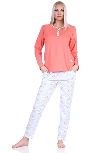 NORMANN-Wäschefabrik Eleganter Damen Schlafanzug Langarm Pyjama mit Flamingo Motiv und Knopfleiste am Hals, Farbe:apricot, Größe:36-38 von NORMANN-Wäschefabrik