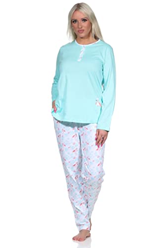 NORMANN-Wäschefabrik Eleganter Damen Schlafanzug Langarm Pyjama mit Flamingo Motiv und Knopfleiste am Hals, Farbe:helltürkis, Größe:36-38 von NORMANN-Wäschefabrik