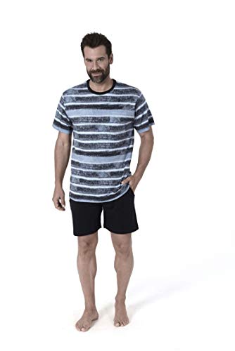 Herren Shorty Schlafanzug Kurzarm Pyjama in lässiger Streifenoptik - 112 105 90 464, Farbe:blau, Größe:50 von NORMANN-Wäschefabrik