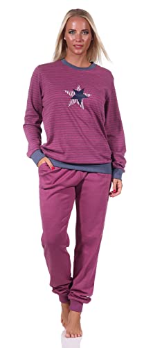 NORMANN-Wäschefabrik Kuscheliger Damen Pyjama mit Bündchen, Streifenoptik + Sternenmotiv - auch in Übergrössen, Farbe:Beere, Größe:36-38 von NORMANN-Wäschefabrik
