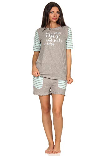 NORMANN-Wäschefabrik Lässiger Damen Shorty Pyjama Kurzarm im College-Look mit Print und abgesetzten Ärmeln, Farbe:grau, Größe2:48/50 von Normann