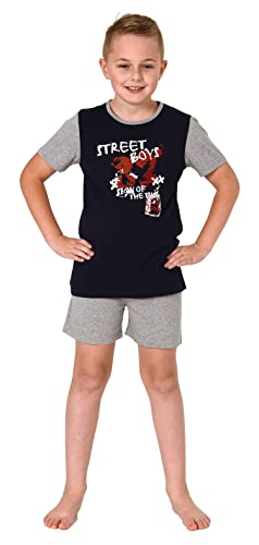 NORMANN-Wäschefabrik Lässiger Jungen Shorty Pyjama Kurzarm mit Front-Print - 122 505 10 702, Farbe:Marine, Größe:164 von NORMANN-Wäschefabrik