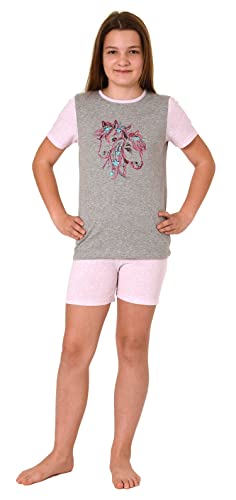 NORMANN-Wäschefabrik Mädchen Shorty Pyjama, Kurzarm mit Pferde-Motiv - 122 405 10 701, Farbe:grau, Größe:152 von NORMANN-Wäschefabrik