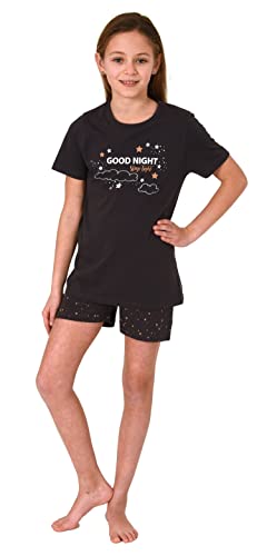 NORMANN-Wäschefabrik Mädchen Shorty Pyjama Kurzarm mit Sternchen-Design und Front-Print - 405 700, Farbe:dunkelgrau, Größe:152 von NORMANN-Wäschefabrik