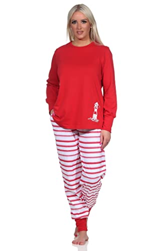 NORMANN-Wäschefabrik Maritimer Damen Schlafanzug mit Bündchen, Top mit Leuchturm Motiv, auch in Übergrössen, Farbe:rot, Größe:56-58 von NORMANN-Wäschefabrik