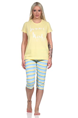 NORMANN-Wäschefabrik Sommerlicher Damen Capri Schlafanzug, Kurzarm Pyjama - Hose Geringelt - 12220410752, Farbe:gelb, Größe:44-46 von NORMANN-Wäschefabrik