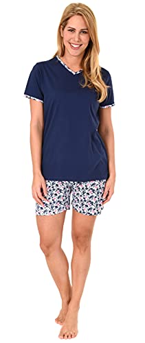 NORMANN-Wäschefabrik Sommerlicher Damen Shorty Pyjama Kurzarm in floraler Optik - 60861, Farbe:blau, Größe:40/42 von Normann