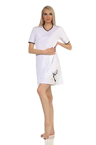 NORMANN-Wäschefabrik Süsses Damen Kurzarm Nachthemd mit Katze als Motiv und mit Spitzenbesatz, Farbe:Weiss, Größe:40-42 von NORMANN-Wäschefabrik