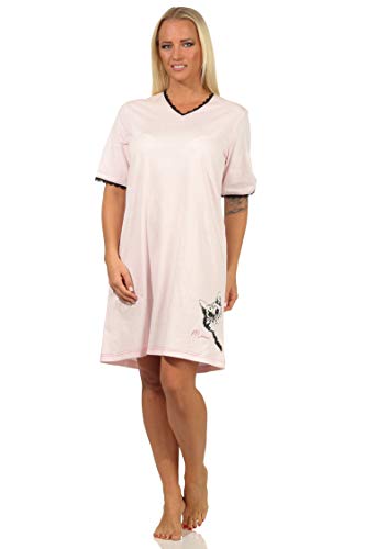 NORMANN-Wäschefabrik Süsses Damen Kurzarm Nachthemd mit Katze als Motiv und mit Spitzenbesatz, Farbe:rosa, Größe:36-38 von NORMANN-Wäschefabrik