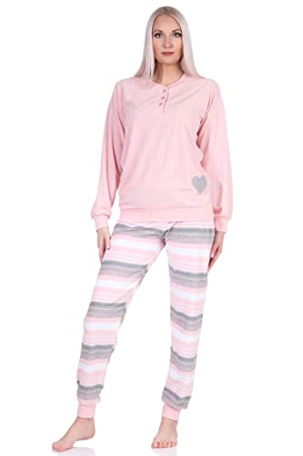NORMANN-Wäschefabrik Wunderschöner Damen Frottee Langarm Pyjama mit Bündchen und Herzmotiv und gestreifter Hose, Farbe:rosa, Größe:40-42 von NORMANN-Wäschefabrik