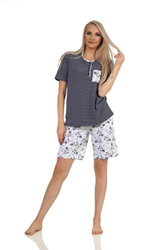 Normann Damen Schlafanzug Kurzarm Shorty Pyjama, Oberteil gestreift, Hose Blümchenmuster, Farbe:Marine, Größe:36-38 von NORMANN-Wäschefabrik