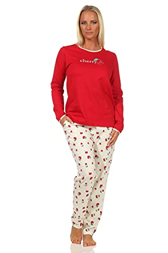 Süsser Damen Schlafanzug Langarm Pyjama mit Kirschen als Motiv - 112 201 90 535, Farbe:rot, Größe:44-46 von NORMANN-Wäschefabrik
