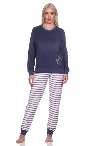 Normann Damen Frottee Pyjama, Hose gestreift, Oberteil mit süssen Tiermotiv, Farbe:Marine, Größe:48-50 von Normann