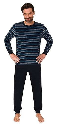 Normann Herren Frottee Schlafanzug Langarm, Pyjama mit feinem Ringel-Muster, Farbe:marine1, Größe:52 von Normann