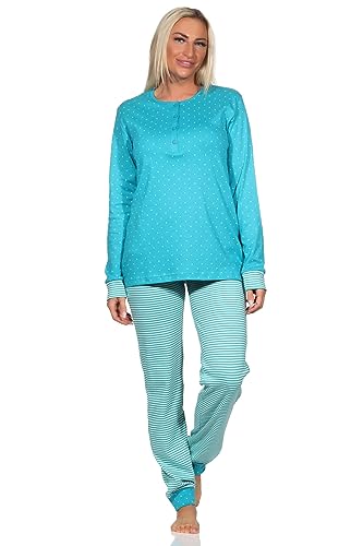 Normann Kuschelig Warmer Damen Langarm Pyjama mit Bündchen in Tupfen Streifen Optik, Farbe:Mint, Größe:46 von Normann