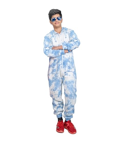 Kinder Mädchen Jungen Fleece Alles in einem Tie Dye Overall Onesie mit Kapuze Jumpsuit Schlafanzüge (13 Jahre, Blau) von NOROZE
