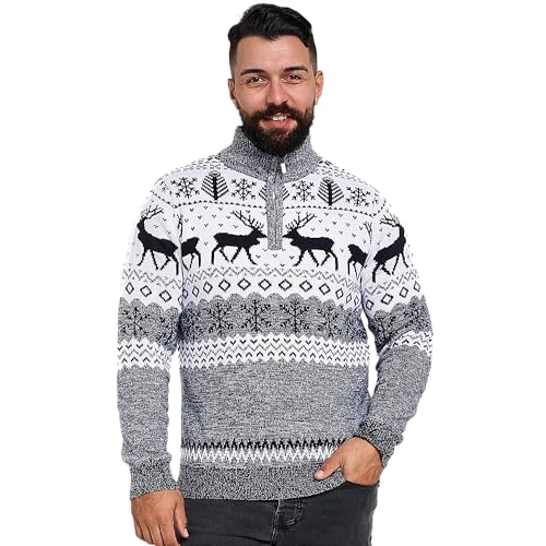 NOROZE Christmas Men's Jumpers | Nordic Style Knitted Lightweight Reindeer Printed Jumper | Quarter Zip Crew Neck Long Sleeve Pullover Top | Christmas Jumper Xmas Jumper Sweaters for Men von NOROZE