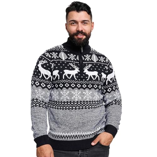 NOROZE Christmas Men's Jumpers | Nordic Style Knitted Lightweight Reindeer Printed Jumper | Quarter Zip Crew Neck Long Sleeve Pullover Top | Christmas Jumper Xmas Jumper Sweaters for Men von NOROZE