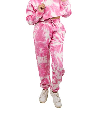 NOROZE Damen Fleece Tie Dye Jogginghose mit Kordelzug Jogger 2 seitliche Taschenhosen Lässige Trainingshose Fitnesshose Hose (36, Rosa) von NOROZE