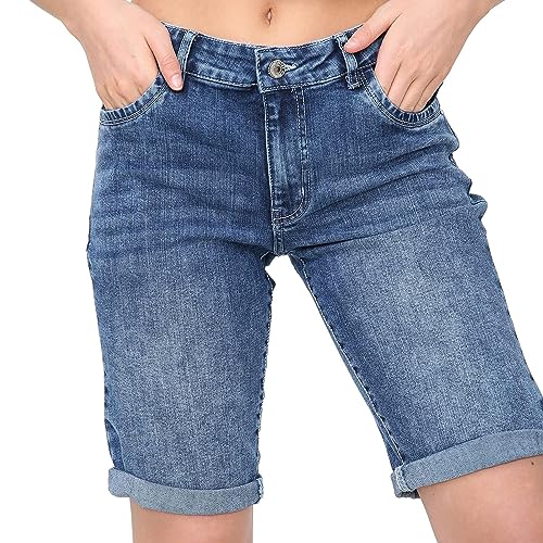 NOROZE Damen Jeansshorts – Knielange Stretch-Jeans für Damen mit Taschen – Sommer-Bermudashorts mit Umschlagbund – Leicht & Bequeme Passform – Größen 34 bis 48 von NOROZE