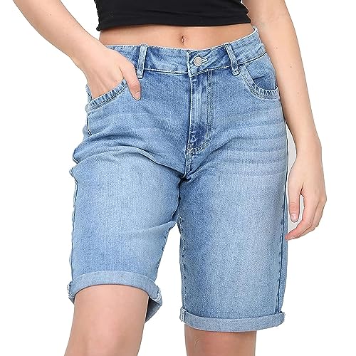 NOROZE Damen Jeansshorts – Knielange Stretch-Jeans für Damen mit Taschen – Sommer-Bermudashorts mit Umschlagbund – Leicht & Bequeme Passform – Größen 34 bis 48 von NOROZE