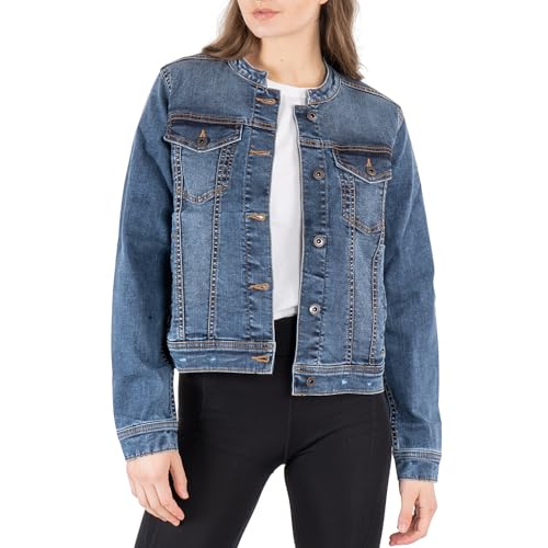 NOROZE Damen Kragenlos Jeansjacke Lange Ärmel Gewaschener Denim Biker Motorradfahrer Stil Jacke (36, Denim Blau) von NOROZE