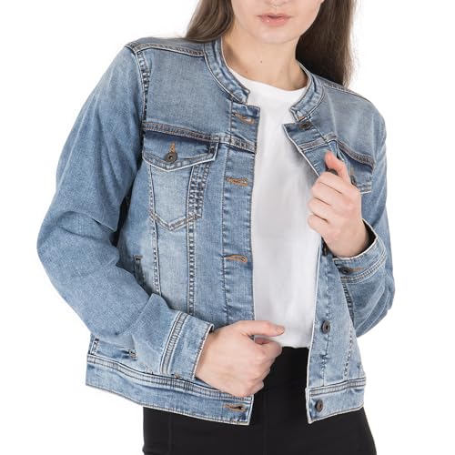 NOROZE Damen Kragenlos Jeansjacke Lange Ärmel Gewaschener Denim Biker Motorradfahrer Stil Jacke (38, Hellblau) von NOROZE