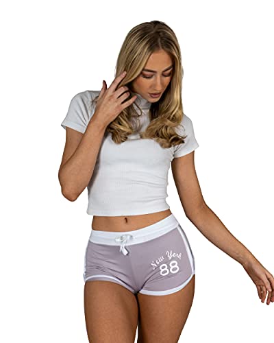 NOROZE Damen New York 88 Druck Kordelzug Hot Pants Läufer Shorts Kurze Hose (Gris/Weiß, 38) von NOROZE