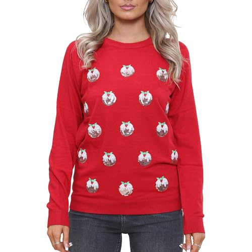 NOROZE Damen Weihnachten Oberteil Sweatshirts Paillette Bimmeln Glocken Hohoho Mops Frau Claus Xmas Pullover (10, Xmas Pudding Rot) von NOROZE