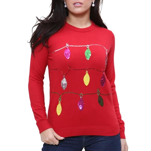 NOROZE Damen Weihnachten Oberteil Sweatshirts Paillette Bimmeln Glocken Hohoho Mops Frau Claus Xmas Pullover (14, Xmas Baubles Rot) von NOROZE