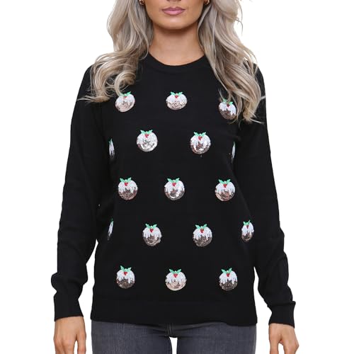 NOROZE Damen Weihnachten Oberteil Sweatshirts Paillette Bimmeln Glocken Hohoho Mops Frau Claus Xmas Pullover (14, Xmas Pudding Schwarz) von NOROZE