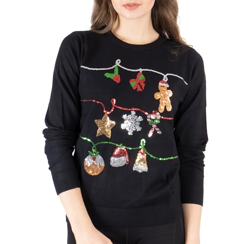 NOROZE Damen Weihnachten Oberteil Sweatshirts Paillette Bimmeln Glocken Hohoho Mops Frau Claus Xmas Pullover (38, Schwarz) von NOROZE