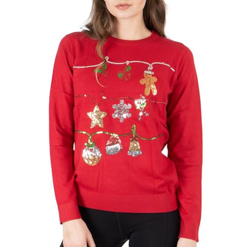 NOROZE Damen Weihnachten Oberteil Sweatshirts Paillette Bimmeln Glocken Hohoho Mops Frau Claus Xmas Pullover (46, Rot) von NOROZE