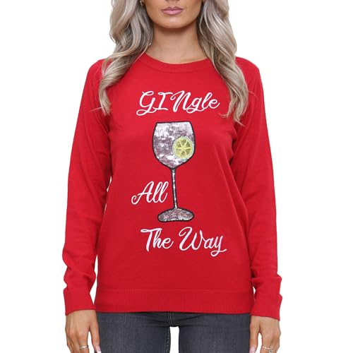 NOROZE Damen Weihnachten Oberteil Sweatshirts Paillette Bimmeln Glocken Hohoho Mops Frau Claus Xmas Pullover (8, Gingle Rot) von NOROZE