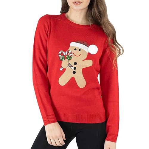 NOROZE Damen Weihnachten Pullover Frohe Weihnachten Geschenke Frauen Elf Pulli Gestrickter Pullover (36, Lebkuchen Zuckerstange Rot) von NOROZE