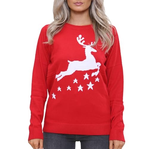 NOROZE Damen Weihnachten Pullover Frohe Weihnachten Geschenke Frauen Elf Pulli Gestrickter Pullover (36, Rentier-Sterne Rot) von NOROZE