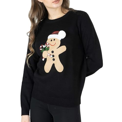 NOROZE Damen Weihnachten Pullover Frohe Weihnachten Geschenke Frauen Elf Pulli Gestrickter Pullover (38, Lebkuchen Zuckerstange Schwarz) von NOROZE