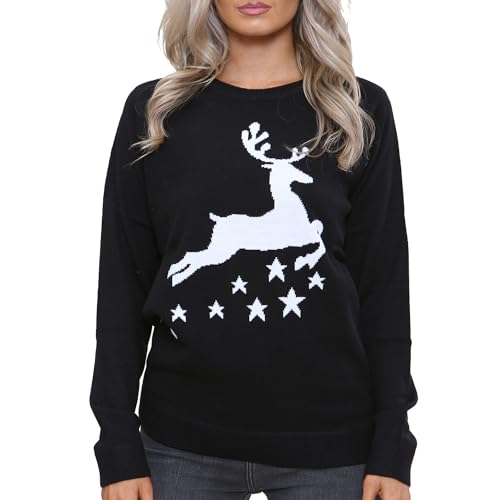 NOROZE Damen Weihnachten Pullover Frohe Weihnachten Geschenke Frauen Elf Pulli Gestrickter Pullover (38, Rentier-Sterne Schwarz) von NOROZE