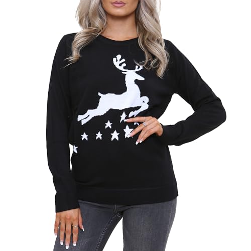 NOROZE Damen Weihnachten Pullover Frohe Weihnachten Geschenke Frauen Elf Pulli Gestrickter Pullover (44, Rentier-Sterne Schwarz) von NOROZE