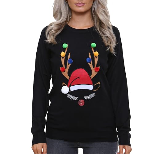 NOROZE Damen Weihnachten Pullover Frohe Weihnachten Geschenke Frauen Elf Pulli Gestrickter Pullover (40, Geweih Schwarz) von NOROZE