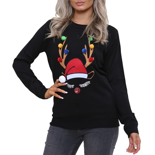 NOROZE Damen Weihnachten Pullover Frohe Weihnachten Geschenke Frauen Elf Pulli Gestrickter Pullover (46, Geweih Schwarz) von NOROZE