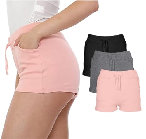 NOROZE Damen lässig Sommer Urlaub Baumwolle Shorts Kurze Hose (38, Schwarz/Grau/Baby Pinke) von NOROZE